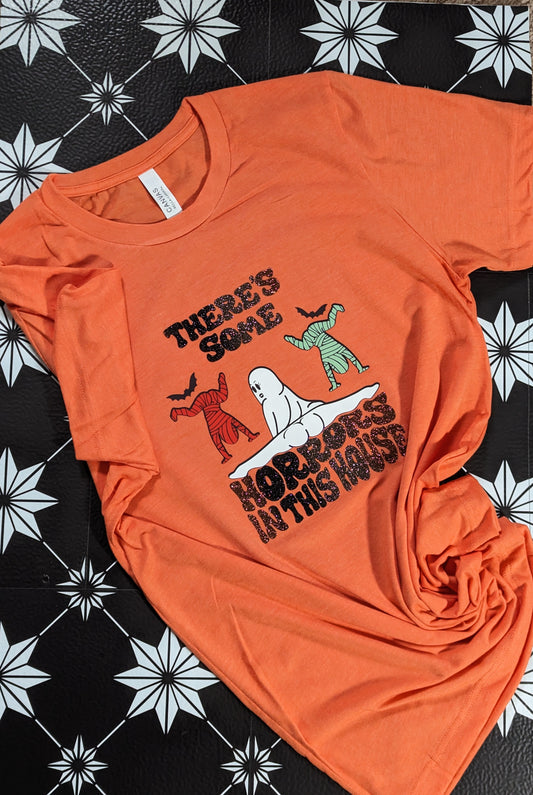House of Horrors Spooky Season Ombre Glitter Shirt in Orange.